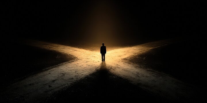 Pathways of Decision: A solitary figure stands at a crossroads, symbolizing choices and the journey ahead. The diverging paths represent opportunity and the weight of decisions.