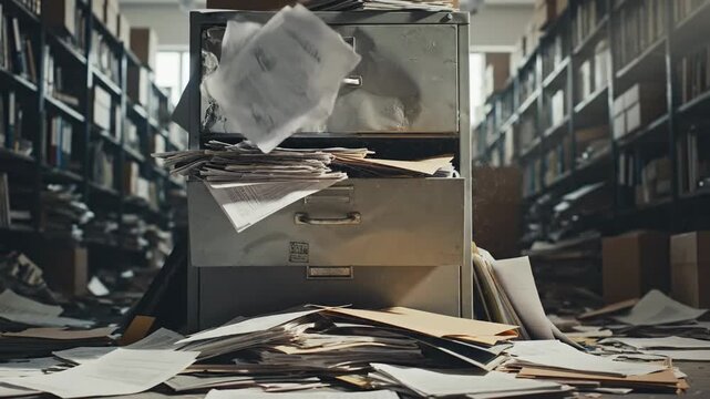 Disorganized filing cabinet drawers ajar spilling messy stacks of papers and documents amidst cluttered office shelves