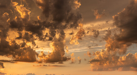 Sunset over a tranquil meadow with dramatic clouds and golden light illuminating the horizon