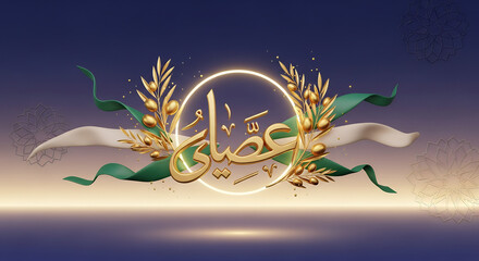 Elegant Eid Mubarak Arabic Calligraphy with Golden Decorations