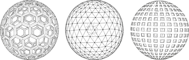 Geometric sphere wireframe set, polygon mesh, triangulated grid, architectural facade pattern, 3D modeling design, flat vector illustration © Creative _design