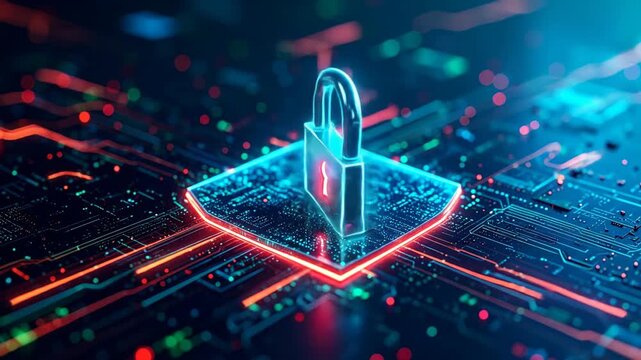 Digital padlock protecting sensitive data on a circuit board, symbolizing cybersecurity and network security in a modern technological environment.