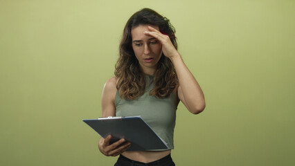 Young hispanic woman reading clipboard in studio while slightly tilting head and touching forehead;...