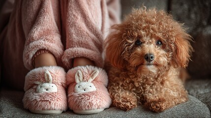 Girl in Bunny Slippers Petting Puppy on Sofa, Natural Light Close-up of Cozy Home and Pet Bonding Moment

