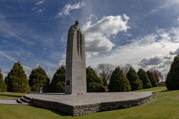 The Brooding Soldier St Julien Canadian Memorial in Langemark, Belgium. World War I monument at Vancouver Corner marking first gas attack site on the Western Front in Flanders.