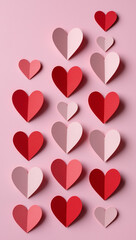 Matte red and blush paper hearts arranged neatly on a pastel pink background, top view. Minimal composition, soft shadows, handcrafted texture, and generous copy space for romantic designs.