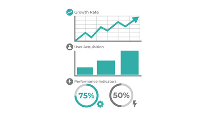 Infographic displays showing growth rate, user acquisition bars, and performance indicator percentages