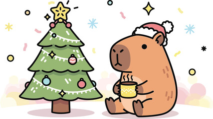 Naklejka premium Adorable capybara enjoys a warm drink by a festive holiday Christmas tree