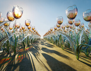 Surreal field of delicate blown glass tulip flower in pastel colors. Warm sunlight shines through transparent petal, creating dreamy and magical landscape view with long shadow