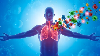 Man with lungs and colorful virus particles coming out of his chest on blue background