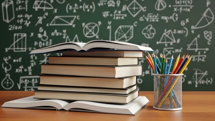stack of books and a blackboard with an apple