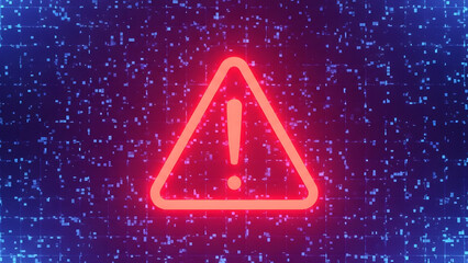 Neon warning sign with exclamation mark on purple and blue background