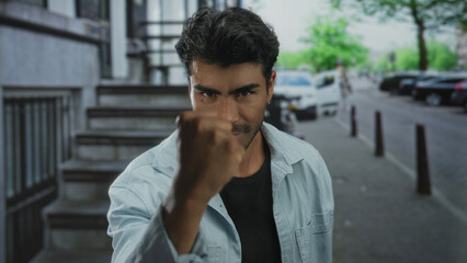 Fototapeta premium Young hispanic man shakes raised fist on urban sidewalk by stairs and parked cars in city street; anger.