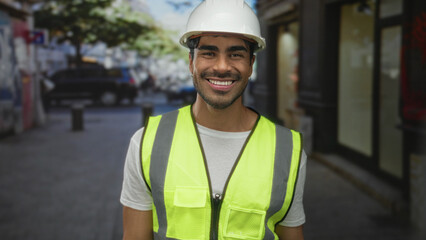 Man engineer wearing white hardhat helmet and reflective neon vest smiling on busy street; optimism.