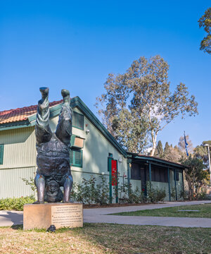 Statue of David Ben Gurion performing a headstand in front of his historic desert hut home in kibbutz Sde Boker, Israel, 13 December 2025