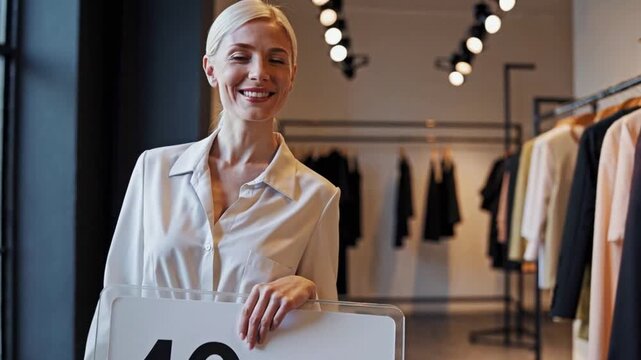 Smiling blonde saleswoman proudly presenting a large white sign advertising a significant forty percent off retail discount inside a modern clothing boutique featuring racks of fashionable apparel.