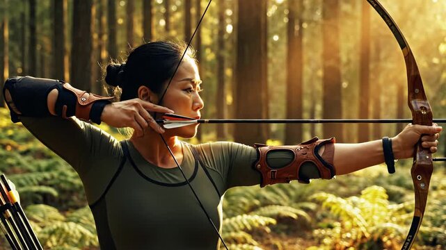 Focused woman archer drawing back her bow amidst a serene, sun-dappled forest setting, preparing to shoot an arrow with precision and determination.