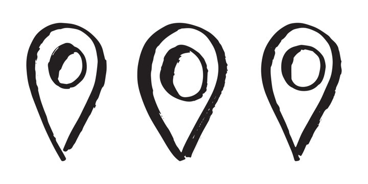 Set of hand drawn map pin Map marker pointer sign GPS and mapping tools Location pin symbol Pinpoint clipart in doodle style Single element for web, design