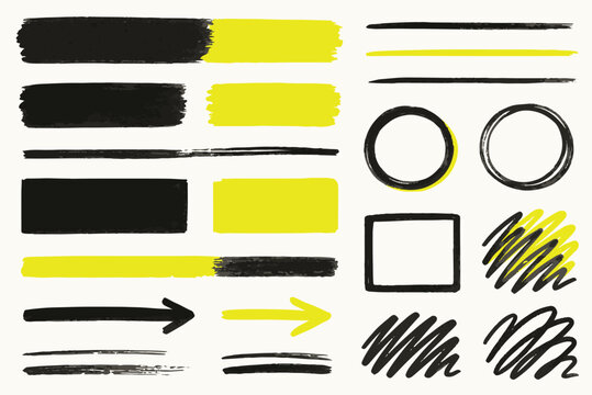 Hand drawn marker strokes and highlighter elements set. Vector brush strokes, underlines, circles, arrows, and scribbles for design.