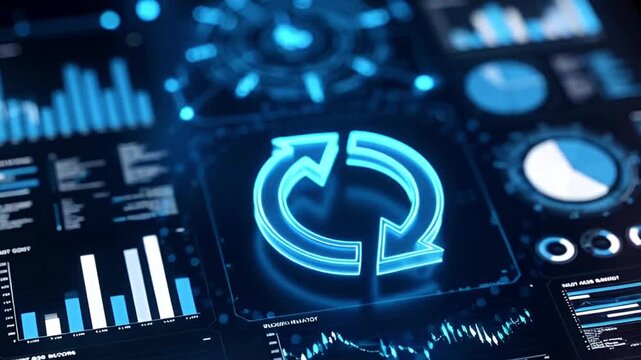 Animation cost reduction and business efficiency concept. A futuristic glowing circular arrow icon symbolizing cost reduction displayed above a digital financial dashboard with charts and graphs.