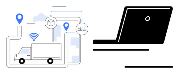 Delivery truck with route map, GPS pins, network signal, and smartphone highlights smart logistics. Ideal for delivery optimization, modern tech, fleet management, data insights, connectivity