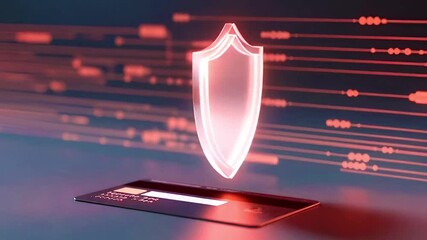 Animation representing secure digital payment and financial data protection, featuring a credit card with a holographic shield symbol and abstract data red background.	
 - Powered by Adobe