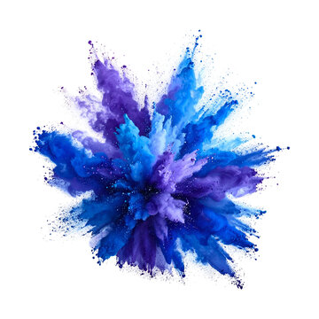 Abstract blue dust explosion on transparent background. Freeze motion of blue powder splash. Painted Holi in festival.