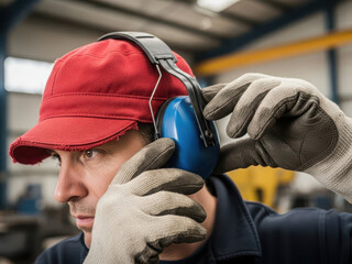 Worker adjusting ear protection in industrial setting