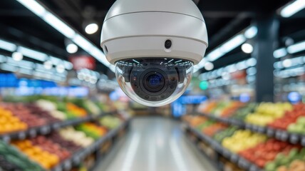 Dome security camera (CCTV) in a supermarket aisle with blurred fresh produce and grocery shelves in the background