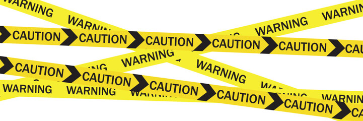 Yellow caution warning tape set with black stripes and seamless danger barrier patterns.