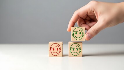A hand stacking wooden blocks with different emoticon faces on a white table against a gray background