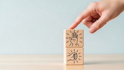 Hand placing wooden block with lightbulb and handshake symbol on table with blue background
