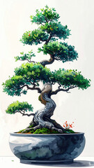 Serene bonsai tree with green leaf and twisted trunk in sleek pot. modern, minimalist design illustration on white background, evoking sense of calm and zen