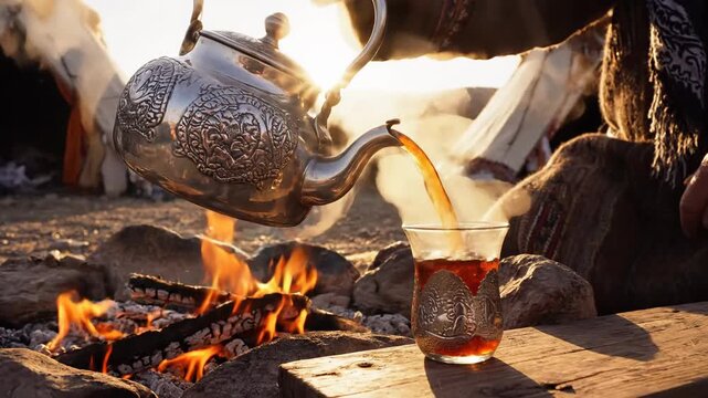 Gleaming silver teapot pouring hot tea over an open campfire in a desert nomad setting