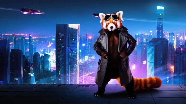 A red panda wearing sunglasses and a leather jacket stands on a rooftop with a cityscape at night