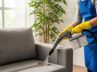 Professional sofa cleaning in progress