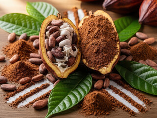 Freshly harvested cocoa beans and powder
