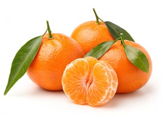 Set of Fresh peeled clementine tangerine with separated segments beside whole fruit on transparent png background. Ai generated