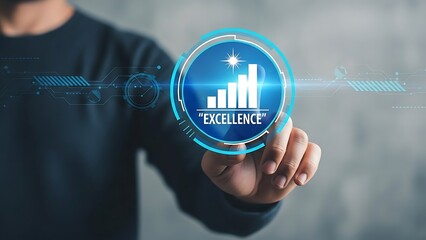 Businessman presenting excellence concept with bar chart and star on blue icon