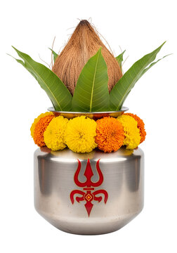 Sacred puja kalash with coconut and mango leaves isolated PNG, traditional Hindu ritual symbol for worship, festivals and auspicious ceremonies.