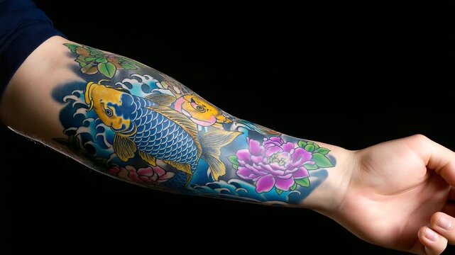 Detailed forearm tattoo artwork featuring koi fish motifs, floral elements, wave patterns, saturated colors, professional ink work, body art photography, with copy space