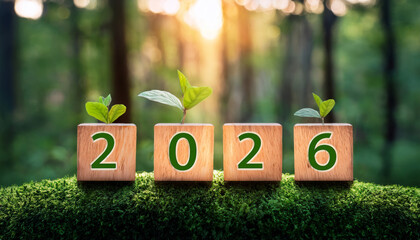 The new year number 2026 on the wooden cube with a green background symbolizes environmental protection, achievement of business goals, and success, as well as environmental preservation and environme