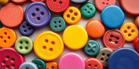 Fototapeta premium Vibrant buttons in various colors and textures arranged attractively, button set, needle