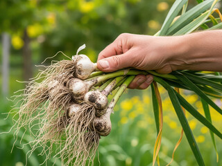 Harvesting fresh garlic in a garden