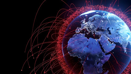 A stunning visual representation of global connections with a blue earth and red network lines on a black background
