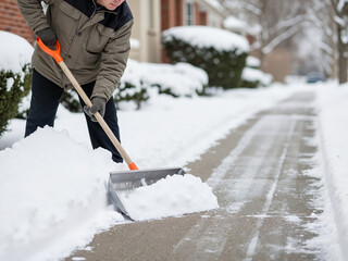 Man shoveling snow on sidewalk during winter in residential area  