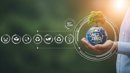 Person holding a small globe with a tree on top surrounded by eco friendly symbols and icons representing net zero concept