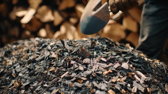 Medium shot of mixed fuel biochar production featuring blending of wood chips and agricultural residues to create ecofriendly wood preservation material.