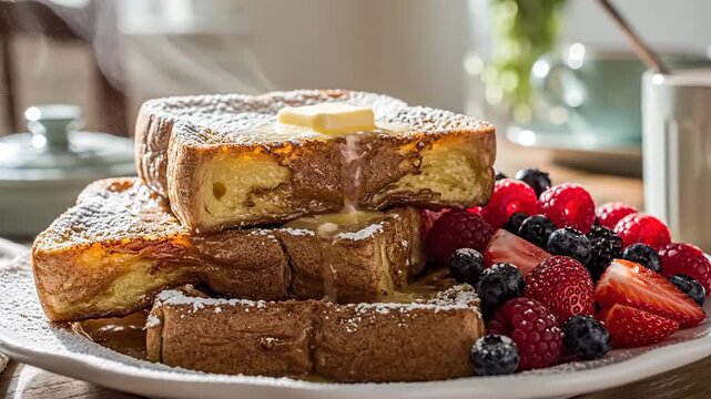 Golden brown French toast stack with fresh berries and butter drizzled with syrup, dusted with powdered sugar for a delicious breakfast.