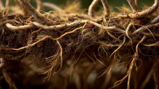 Medium shot of roots entwined with mycorrhizal fungi showcasing symbiotic relationship that increases nutrient absorption and supports sustainable farming.